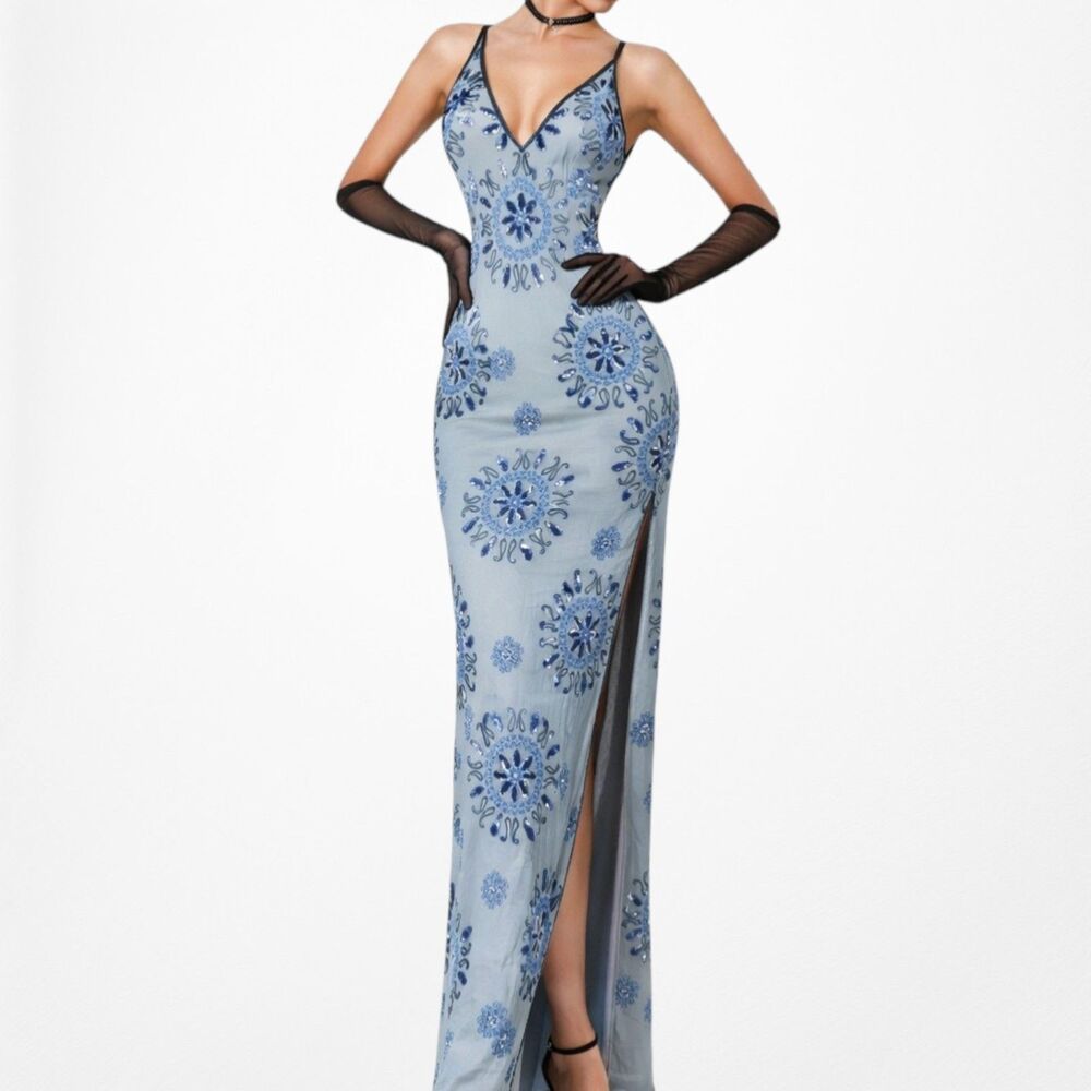 Vintage Blue Silk V-Neck Floral Beaded Bodycon Side Slit Maxi Prom Dress XS/S